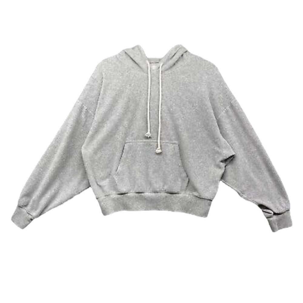 American Eagle Gray Knit Cropped Hoodie Sweater Drawstring Pocket Women’s M - Picture 2 of 8